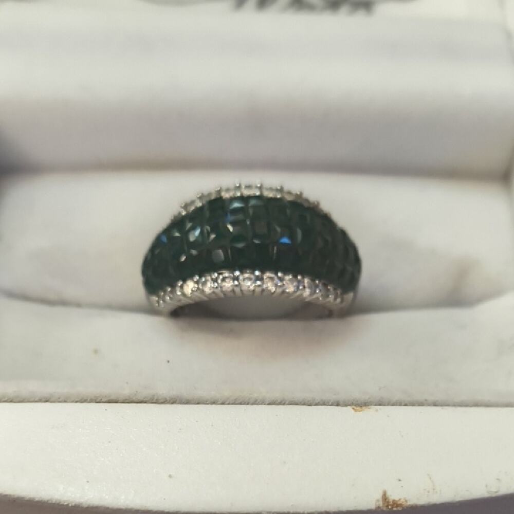 D-Joy 925 Sterling Silver Green & White Simulated Diamond Ring - Size 8